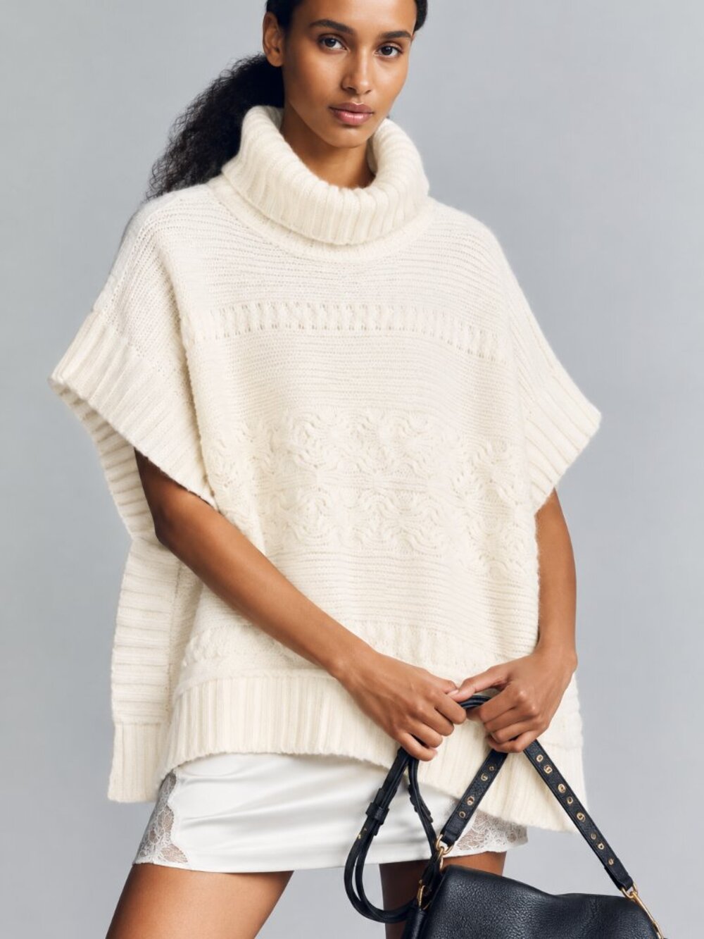 LOFT Soft Cream Cable Knit Funnel Neck Sweater Poncho M/L NWT